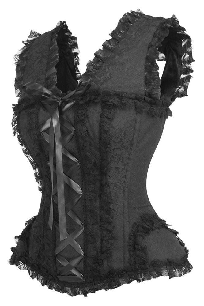 Top Drawer Black Brocade & Lace Steel Boned Corset w/Cap Sleeves - Daisy Corsets