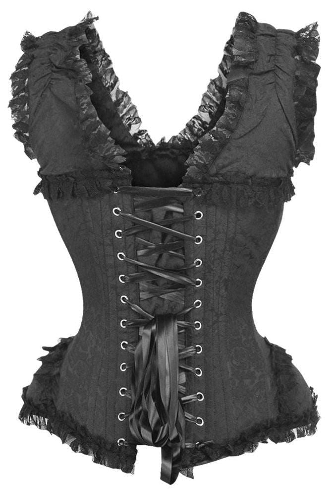 Top Drawer Black Brocade & Lace Steel Boned Corset w/Cap Sleeves - Daisy Corsets