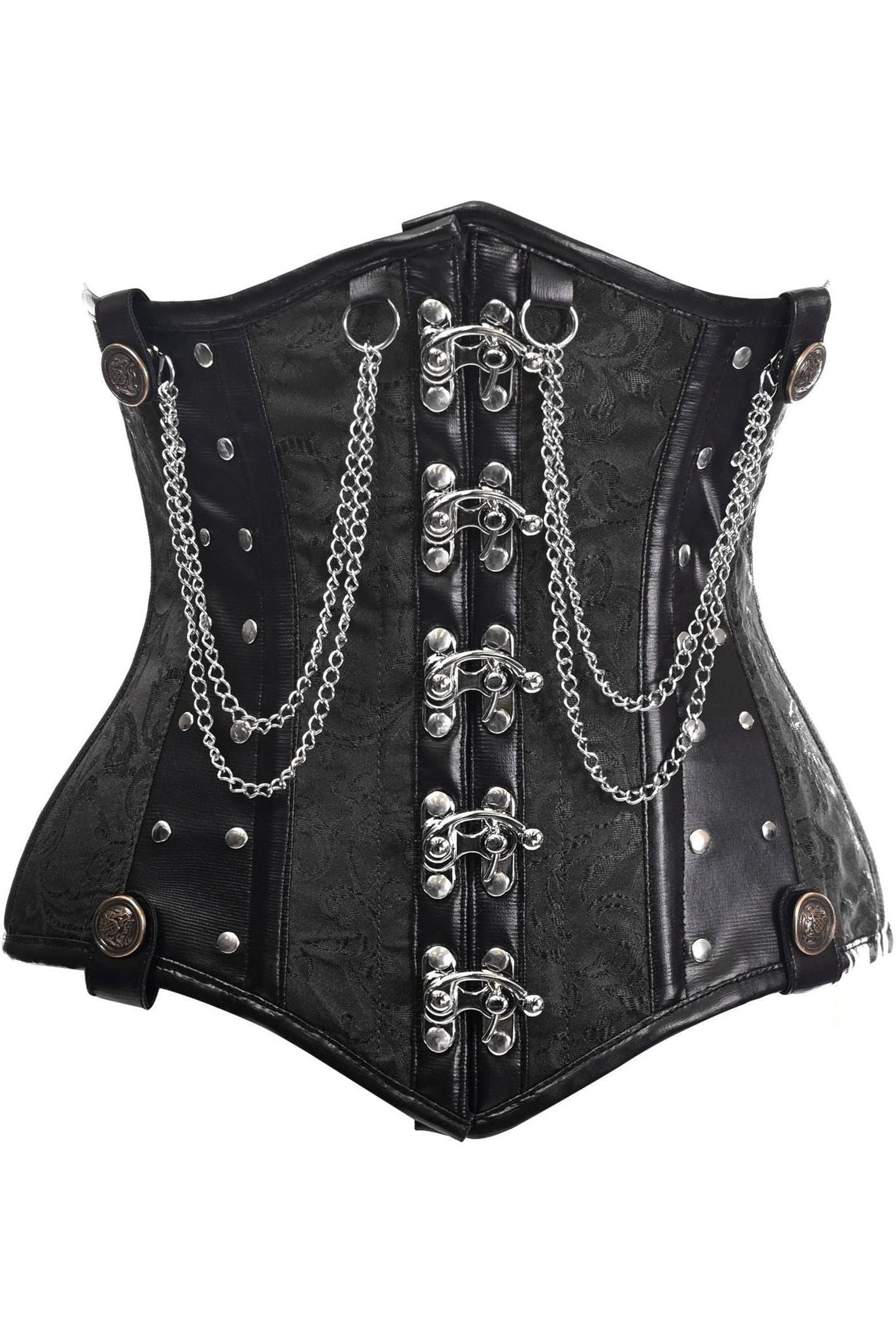 Top Drawer Black Brocade Steel Boned Underbust Corset w/Chains and Clasps - Daisy Corsets