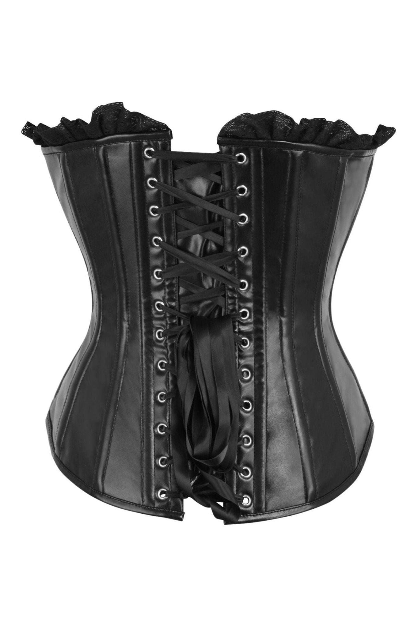 Top Drawer Black Faux Leather & Black Lace Trim Lace - Up Steel Boned Corset - Daisy Corsets