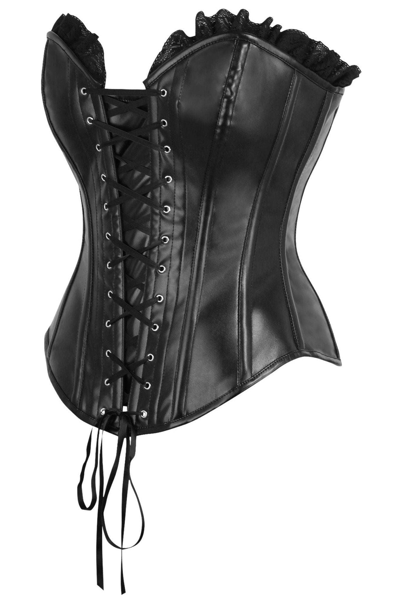 Top Drawer Black Faux Leather & Black Lace Trim Lace - Up Steel Boned Corset - Daisy Corsets