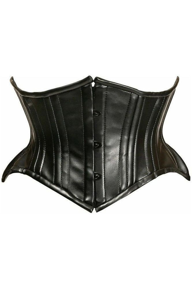 Top Drawer Black Faux Leather Double Steel Boned Curvy Cut Waist Cincher - Daisy Corsets