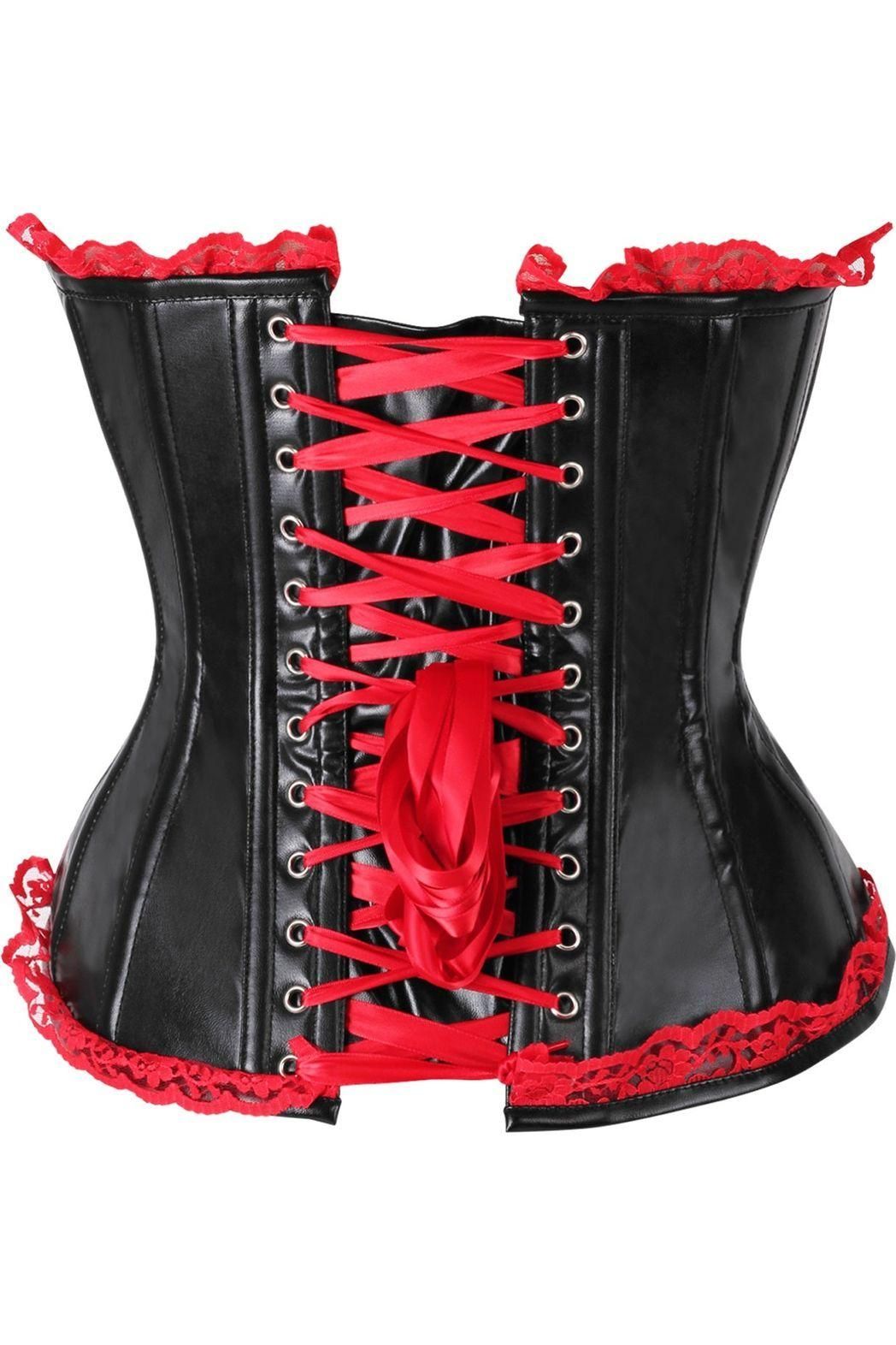 Top Drawer Black Faux Leather & Red Lace Trim Steel Boned Corset - Daisy Corsets