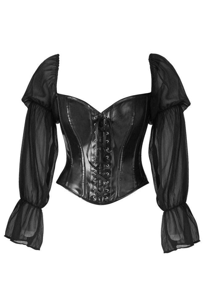 Top Drawer Black Faux Leather Steel Boned Corset w/Sleeves - Daisy Corsets
