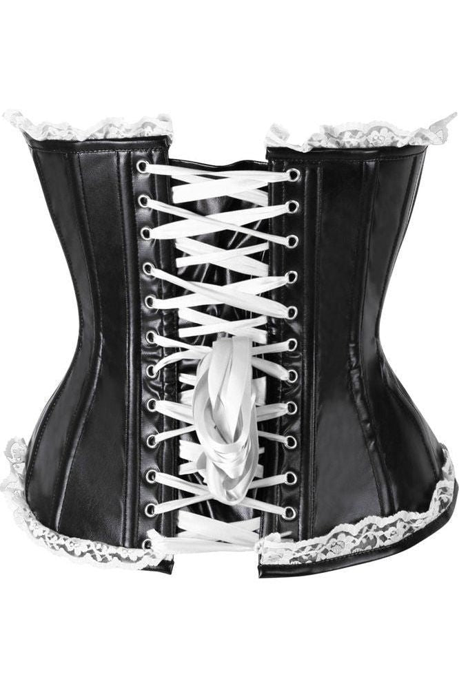 Top Drawer Black Faux Leather & White Lace Trim Steel Boned Corset - Daisy Corsets