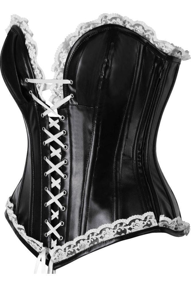 Top Drawer Black Faux Leather & White Lace Trim Steel Boned Corset - Daisy Corsets