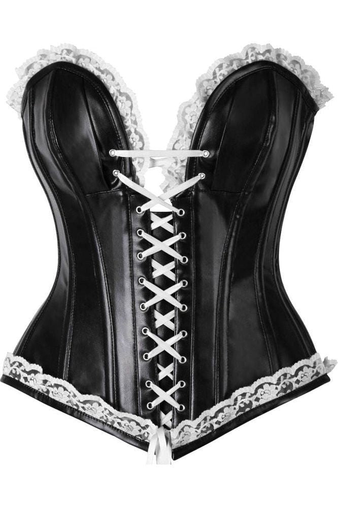 Top Drawer Black Faux Leather & White Lace Trim Steel Boned Corset - Daisy Corsets
