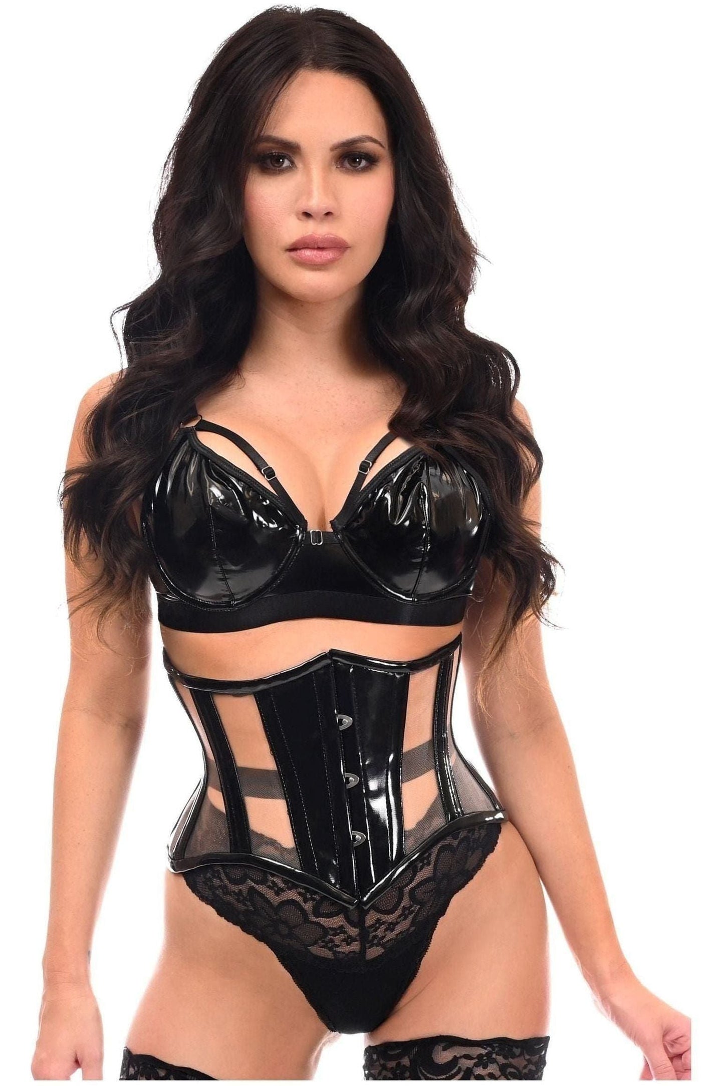 Top Drawer Black Patent & Nude Mesh Steel Boned Mini Cincher Under Bust Corset - Daisy Corsets
