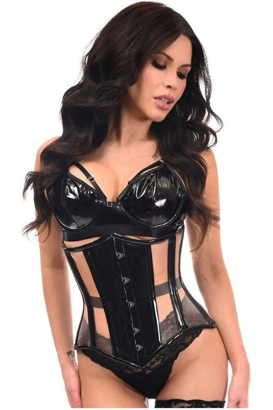 Top Drawer Black Patent & Nude Mesh Steel Boned Under Bust Corset - Daisy Corsets