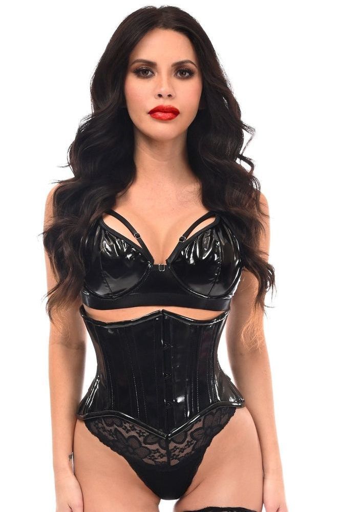 Top Drawer Black Patent PVC Vinyl Double Steel Boned Curvy Cut Waist Cincher - Daisy Corsets