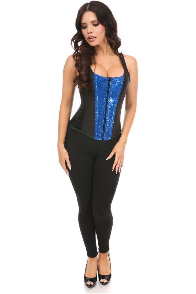 Top Drawer Black Satin & Blue Sequin Steel Boned Corset w/Straps - Daisy Corsets