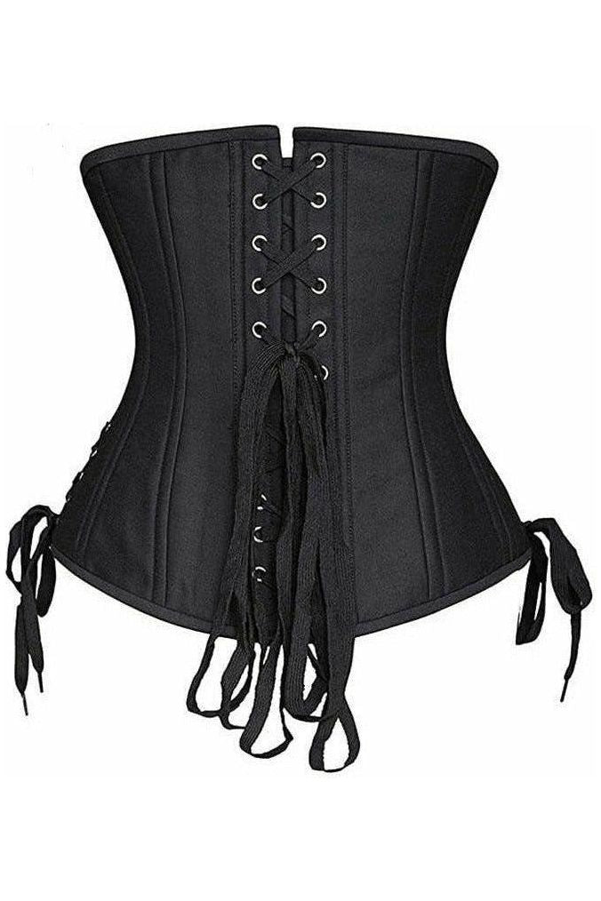 Top Drawer Black Satin Double Steel Boned Curvy Cut Waist Cincher Corset w/Lace - Up Sides - Daisy Corsets