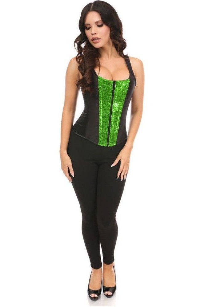 Top Drawer Black Satin & Green Sequin Steel Boned Corset w/Straps - Daisy Corsets