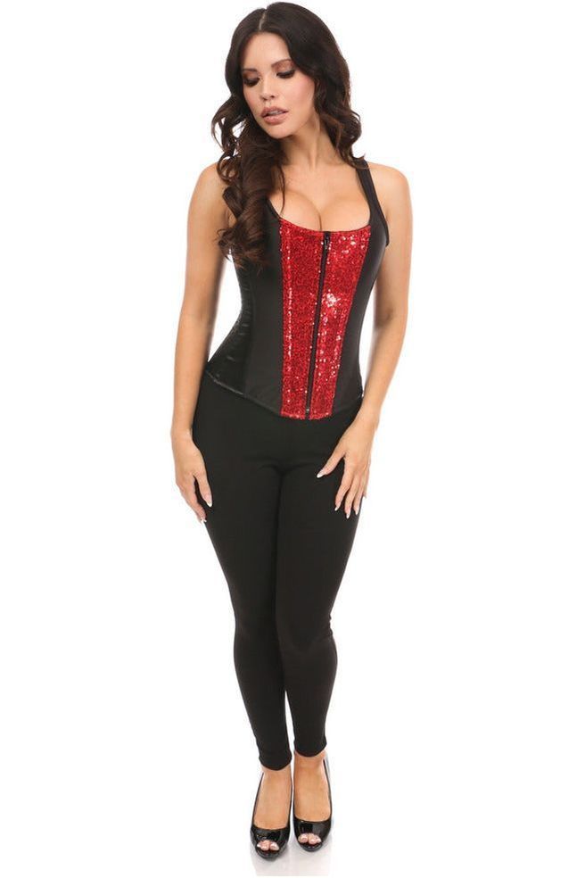Top Drawer Black Satin & Red Sequin Steel Boned Corset w/Straps - Daisy Corsets