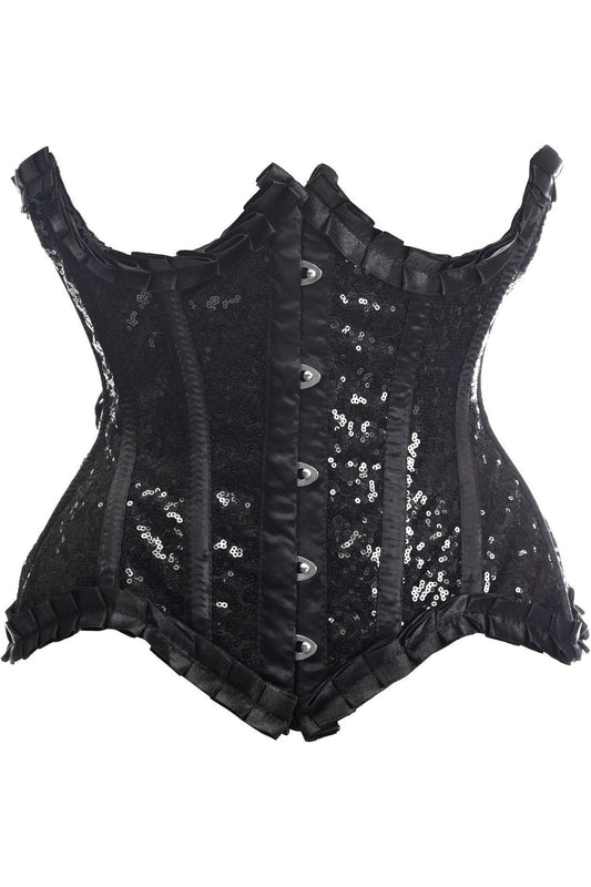 Top Drawer Black Satin & Sequin Underwire Curvy Cut Steel Boned Waist Cincher Corset - Daisy Corsets