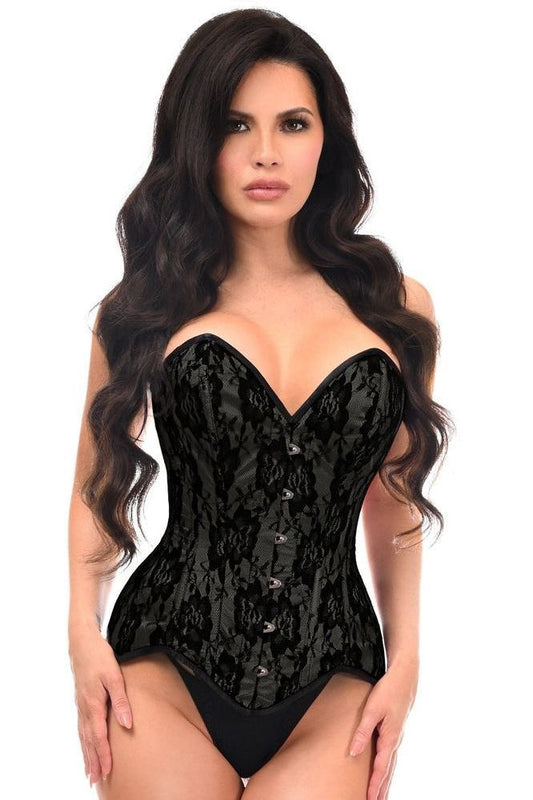 Top Drawer Black Satin w/Black Lace Overlay Steel Boned Overbust Corset - Daisy Corsets