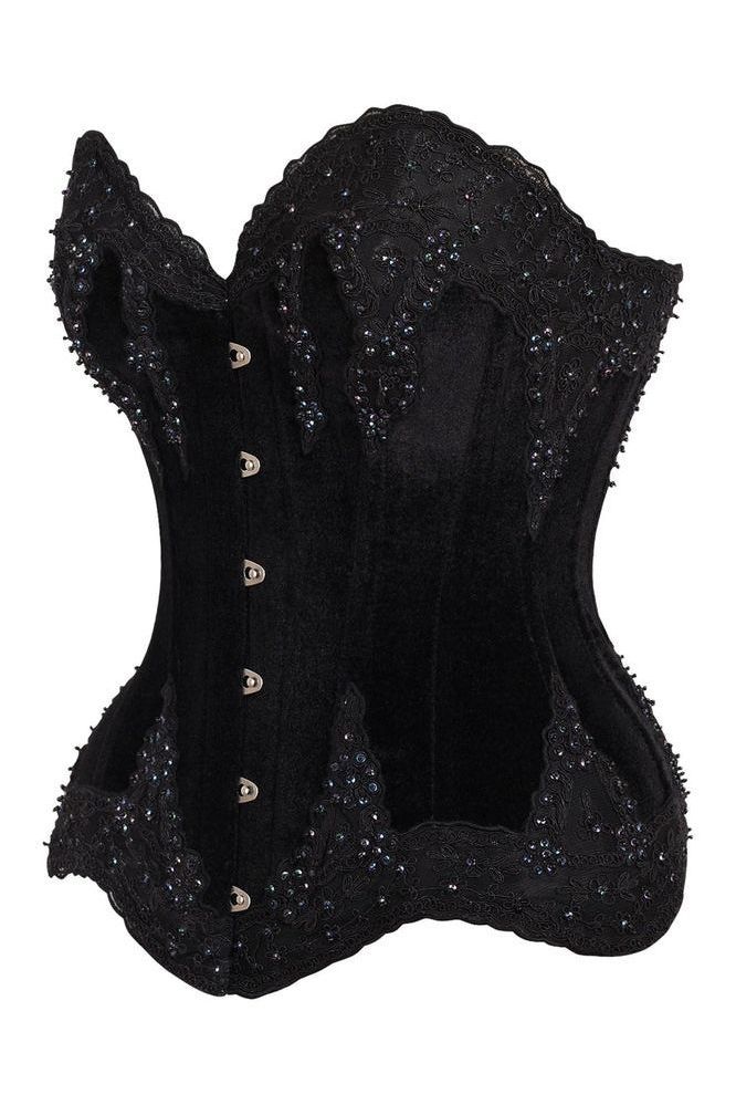 Top Drawer Black Velvet & Beaded Steel Boned Overbust Corset - Daisy Corsets