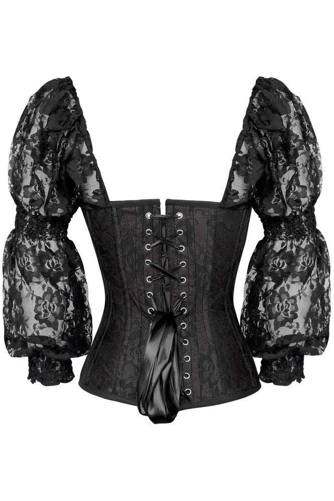 Top Drawer Black w/Black Lace Steel Boned Long Sleeve Corset - Daisy Corsets