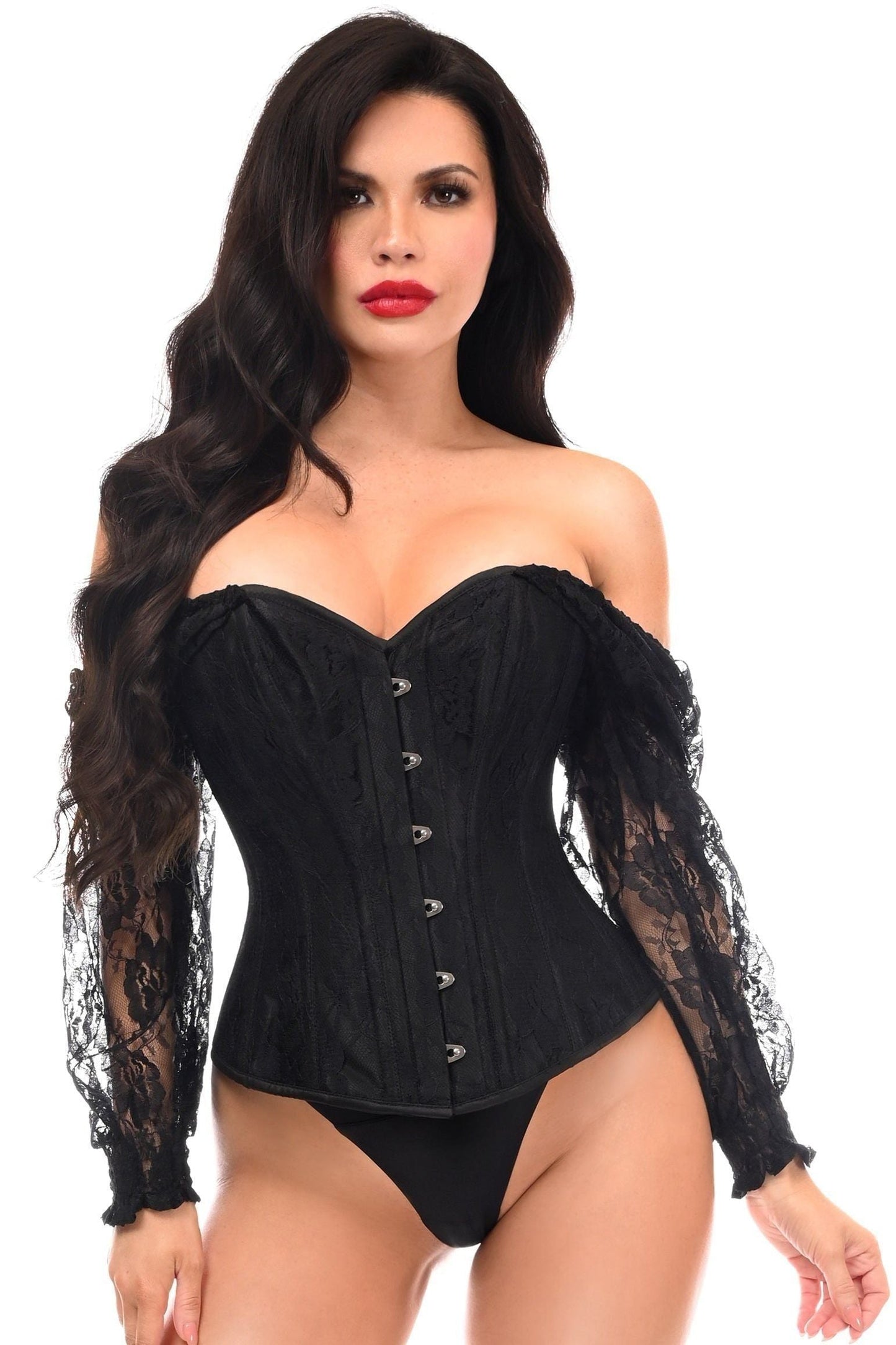 Top Drawer Black w/Black Lace Steel Boned Long Sleeve Corset - Daisy Corsets