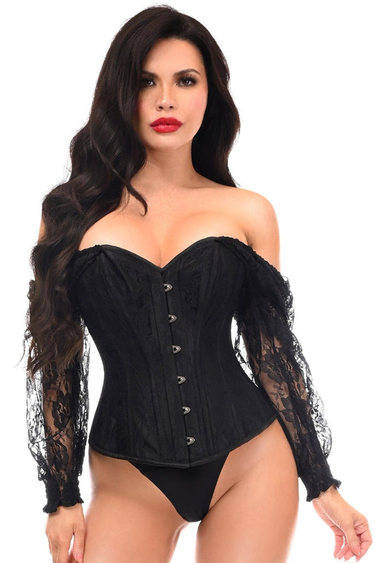 Top Drawer Black w/Black Lace Steel Boned Long Sleeve Corset - Daisy Corsets
