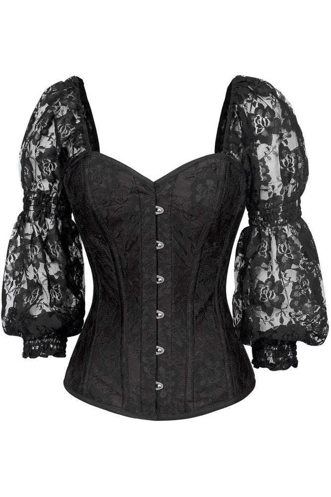 Top Drawer Black w/Black Lace Steel Boned Long Sleeve Corset - Daisy Corsets