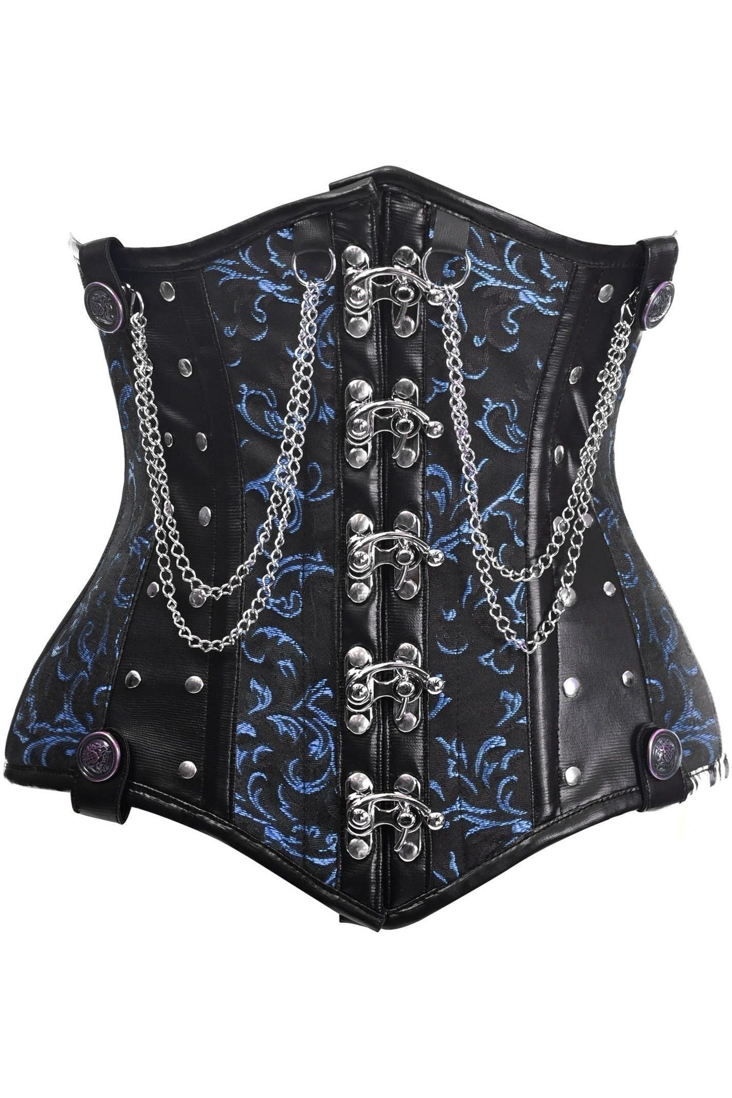 Top Drawer Black/Blue Steel Boned Underbust Corset w/Chains and Clasps - Daisy Corsets
