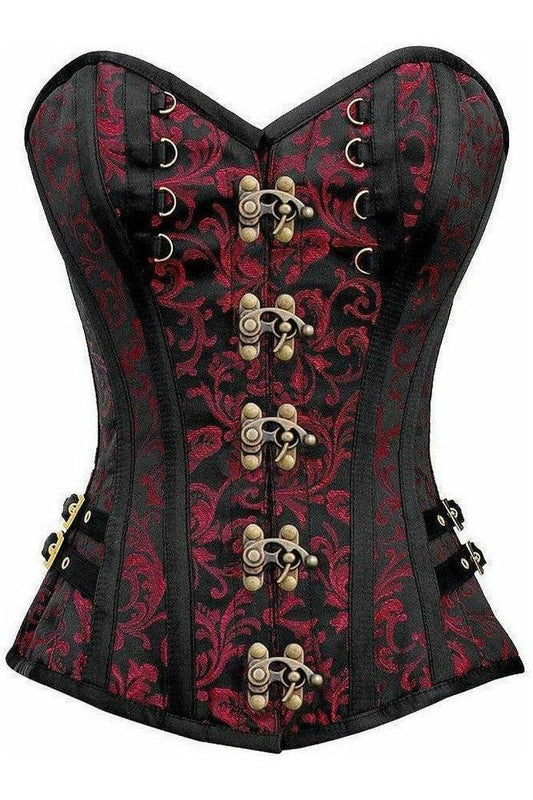 Top Drawer Black/Red Swirl Brocade Steel Boned Overbust Corset w/Buckles - Daisy Corsets