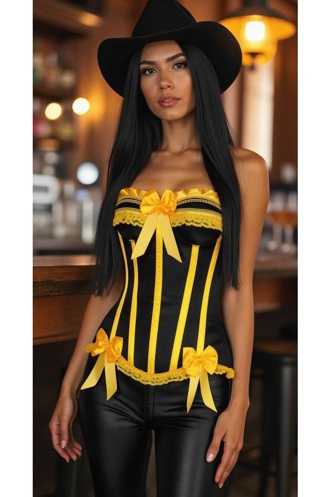 Top Drawer Black/Yellow Satin Steel Boned Burlesque Corset - Daisy Corsets