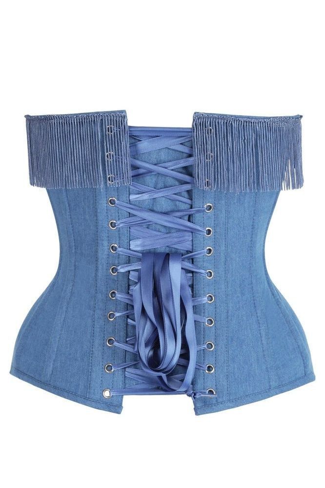 Top Drawer Blue Denim Steel Boned Overbust Corset w/Fringe - Daisy Corsets