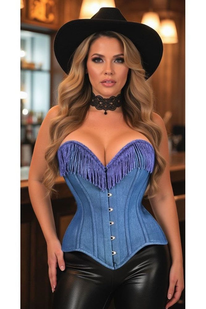 Top Drawer Blue Denim Steel Boned Overbust Corset w/Fringe - Daisy Corsets