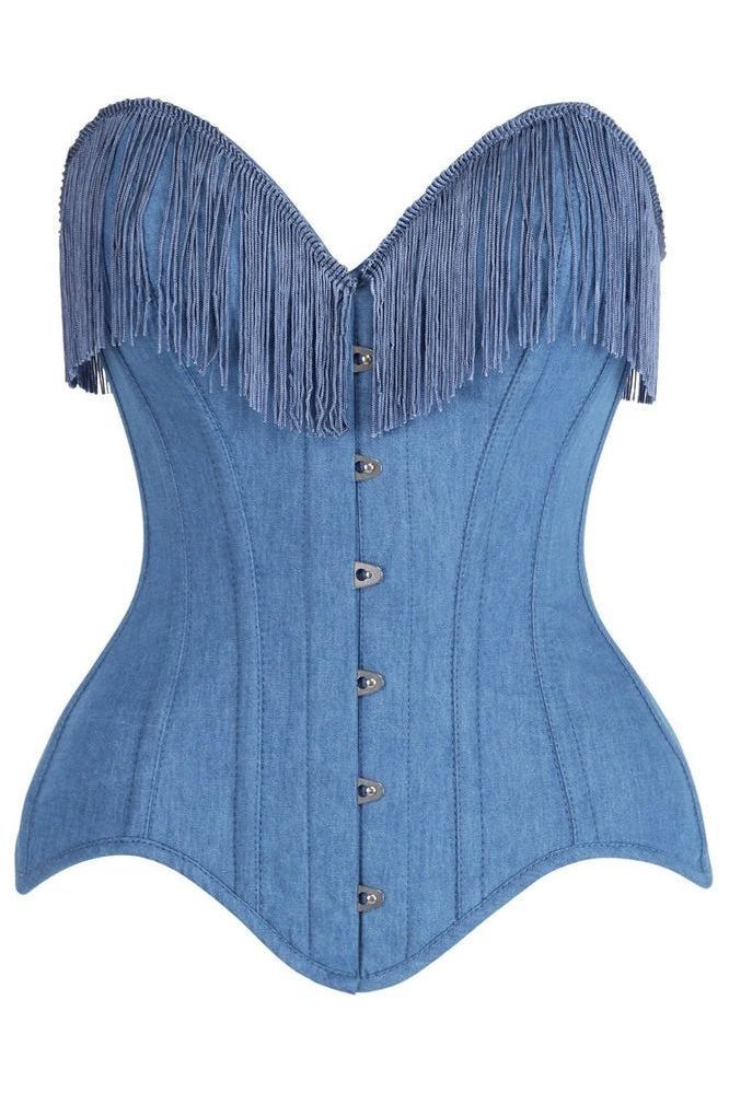 Top Drawer Blue Denim Steel Boned Overbust Corset w/Fringe - Daisy Corsets