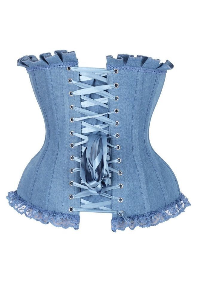 Top Drawer Blue Denim Underwire Steel Boned Burlesque Corset w/Bows - Daisy Corsets