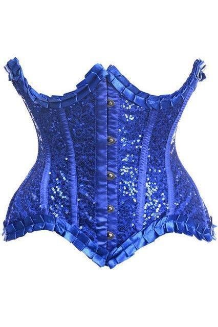 Top Drawer Blue Satin & Sequin Underwire Curvy Cut Steel Boned Waist Cincher Corset - Daisy Corsets