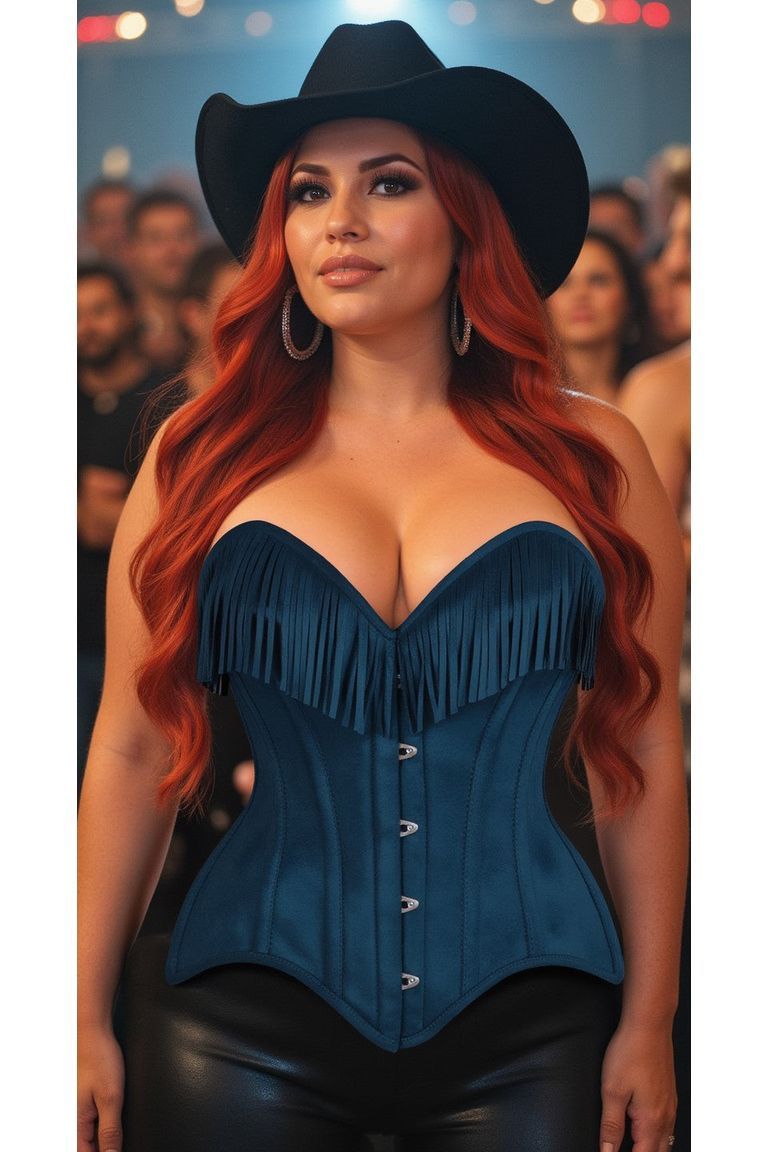 Top Drawer Blue Suede Steel Boned Overbust Corset w/Fringe - Daisy Corsets