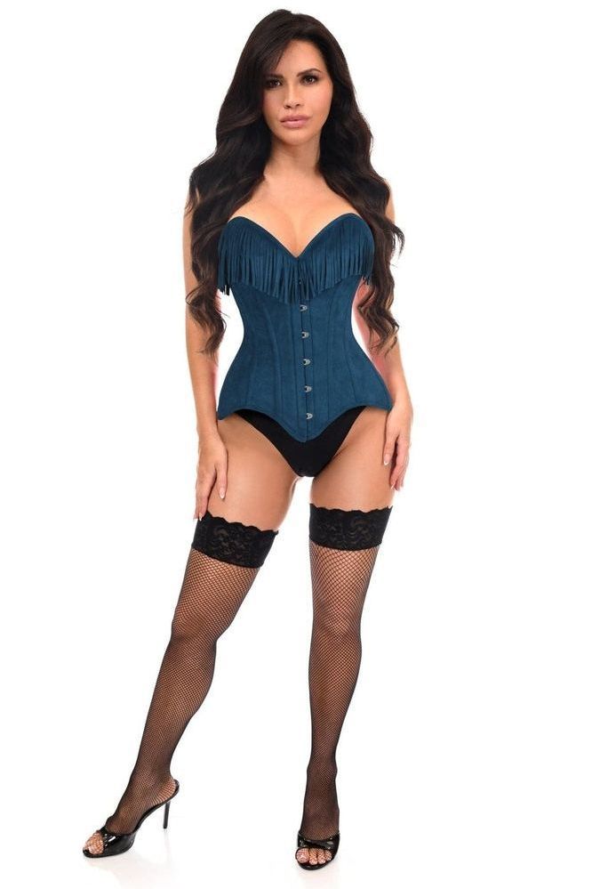 Top Drawer Blue Suede Steel Boned Overbust Corset w/Fringe - Daisy Corsets