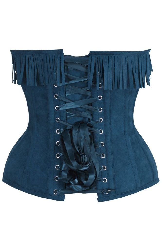 Top Drawer Blue Suede Steel Boned Overbust Corset w/Fringe - Daisy Corsets