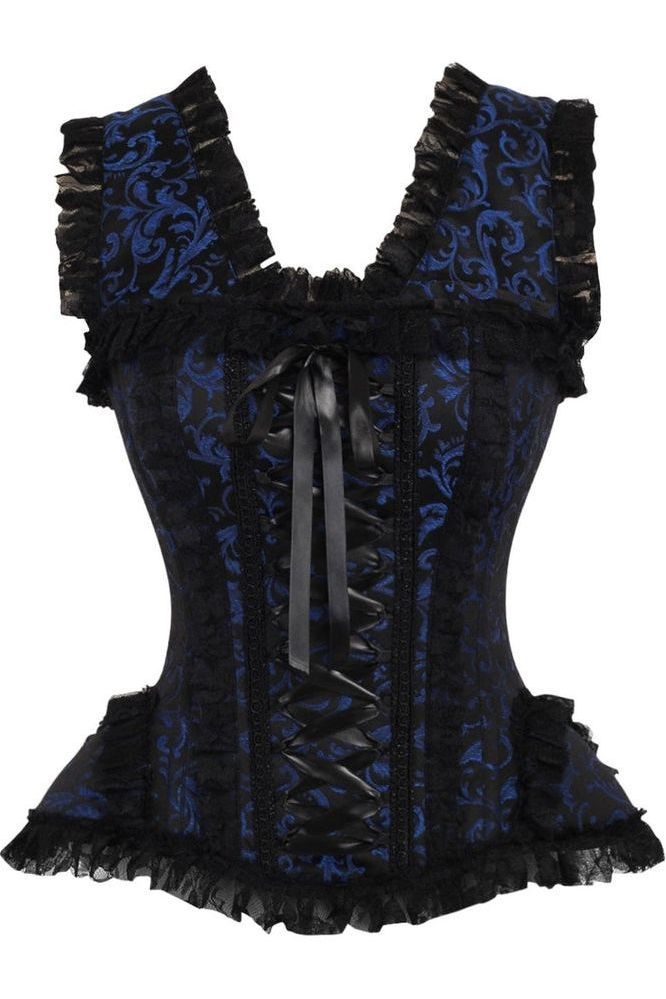 Top Drawer Blue/Black Swirl Brocade & Lace Steel Boned Corset w/Cap Sleeves - Daisy Corsets