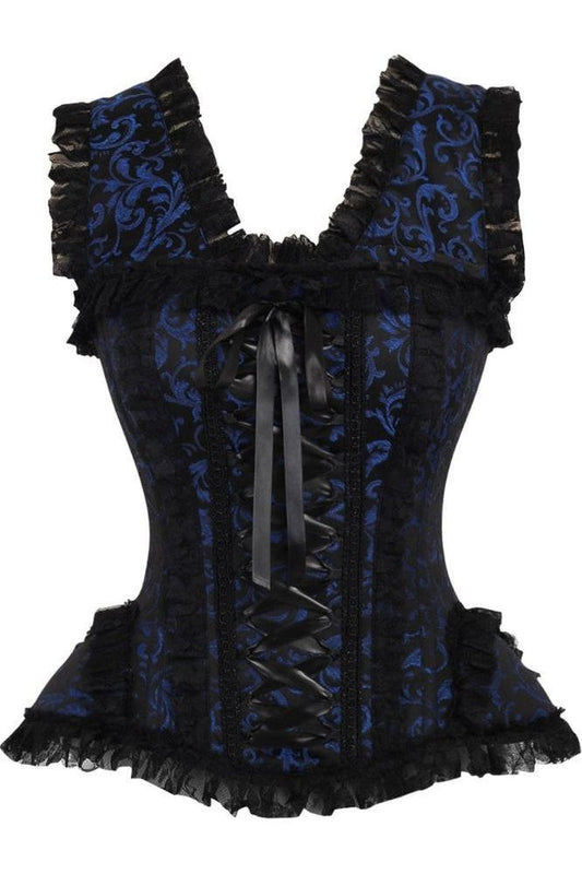 Top Drawer Blue/Black Swirl Brocade & Lace Steel Boned Corset w/Cap Sleeves - Daisy Corsets