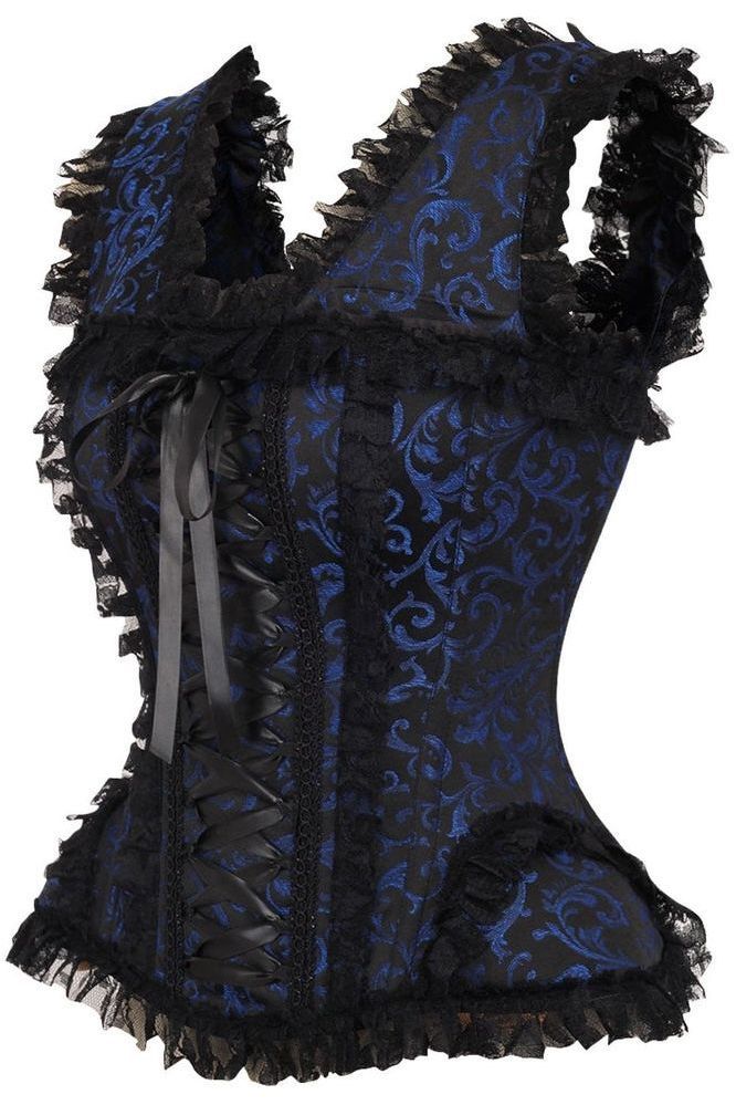 Top Drawer Blue/Black Swirl Brocade & Lace Steel Boned Corset w/Cap Sleeves - Daisy Corsets