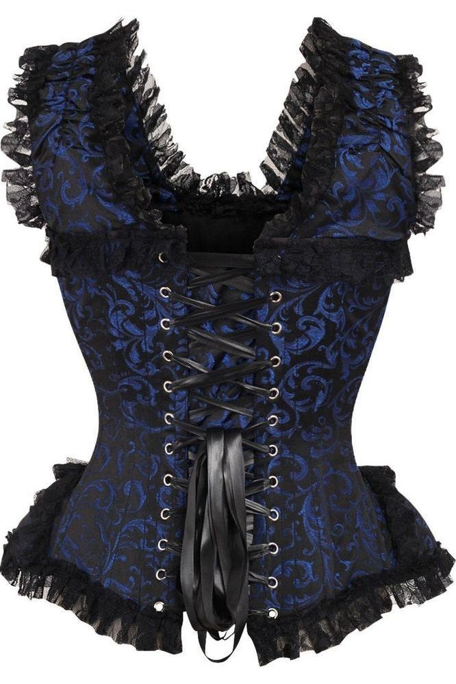 Top Drawer Blue/Black Swirl Brocade & Lace Steel Boned Corset w/Cap Sleeves - Daisy Corsets