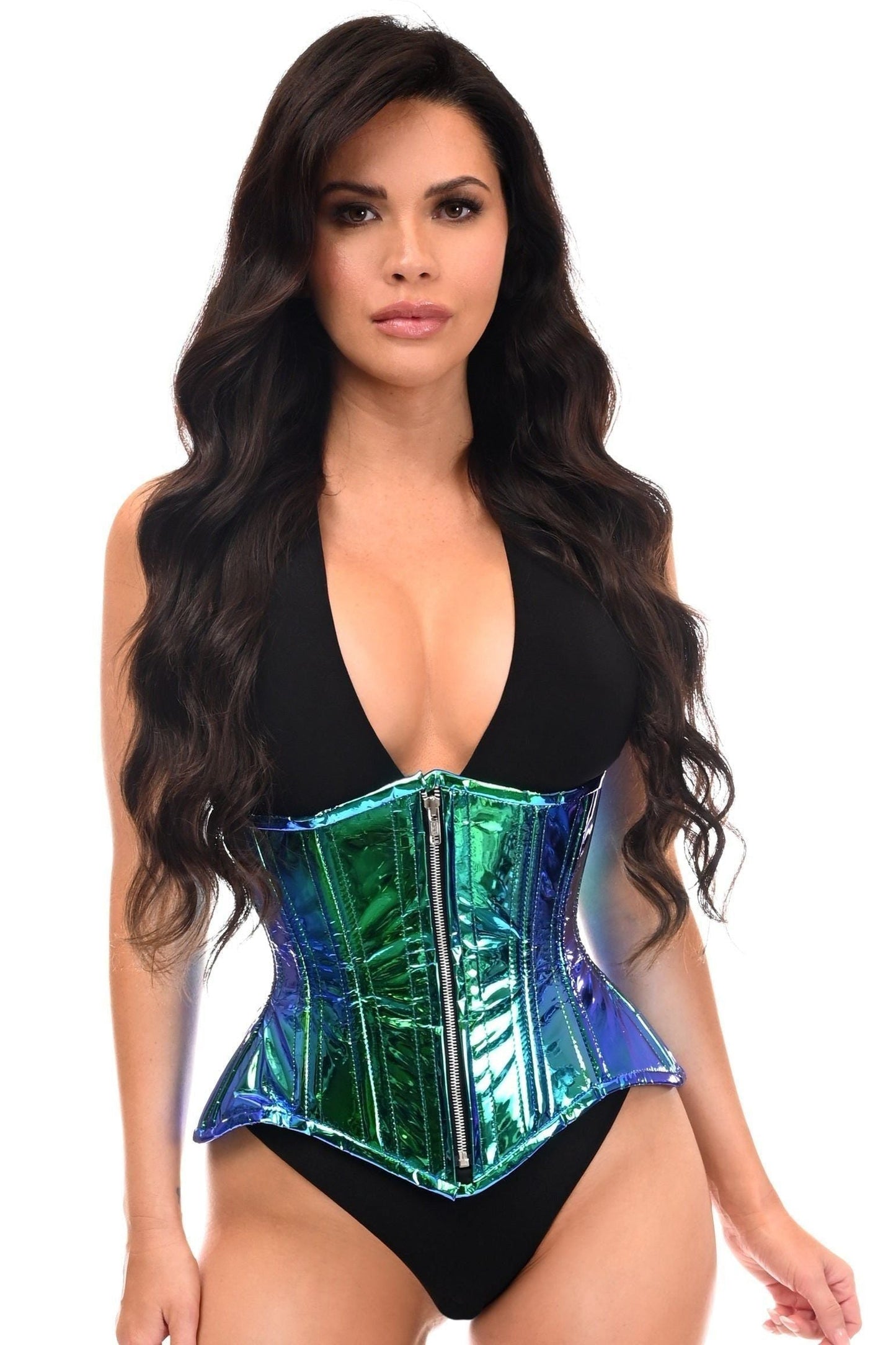 Top Drawer Blue/Teal Holo Double Steel Boned Underbust Waist Cincher Corset - Daisy Corsets