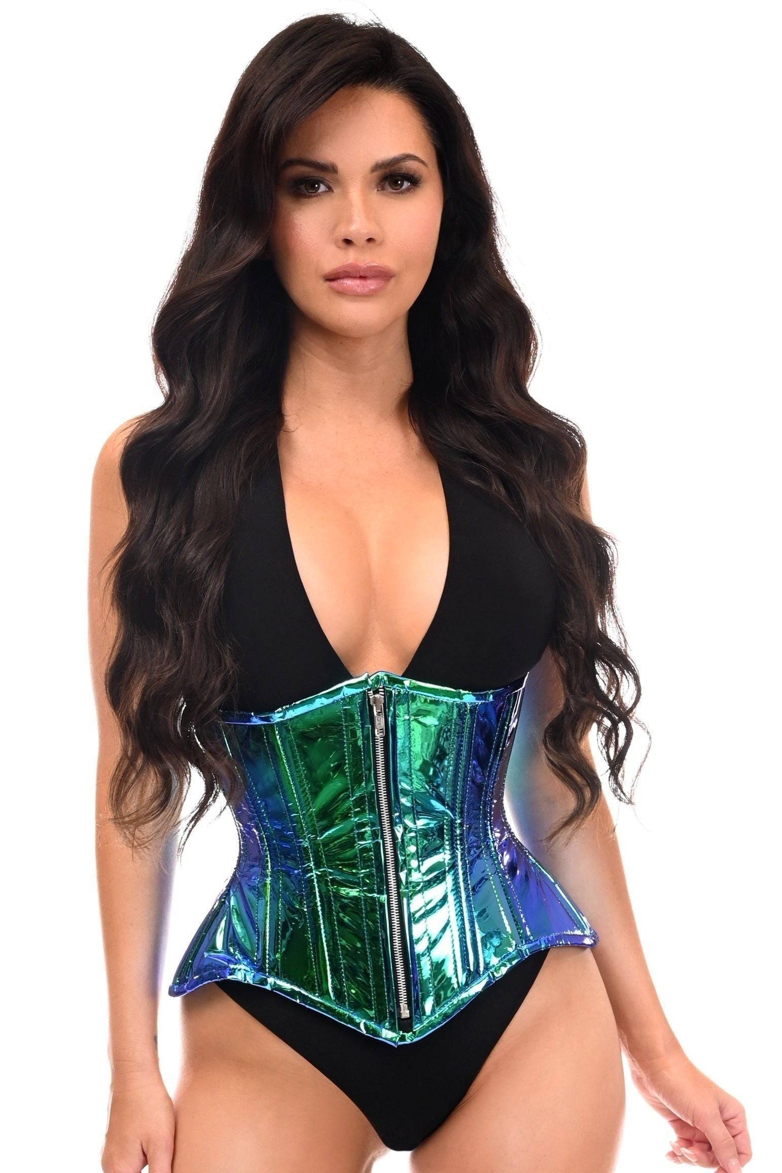 Top Drawer Blue/Teal Holo Double Steel Boned Underbust Waist Cincher Corset - Daisy Corsets