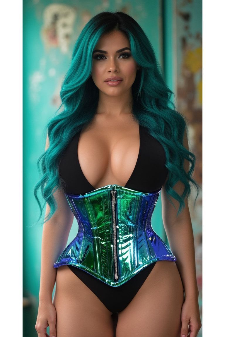 Top Drawer Blue/Teal Holo Double Steel Boned Underbust Waist Cincher Corset - Daisy Corsets