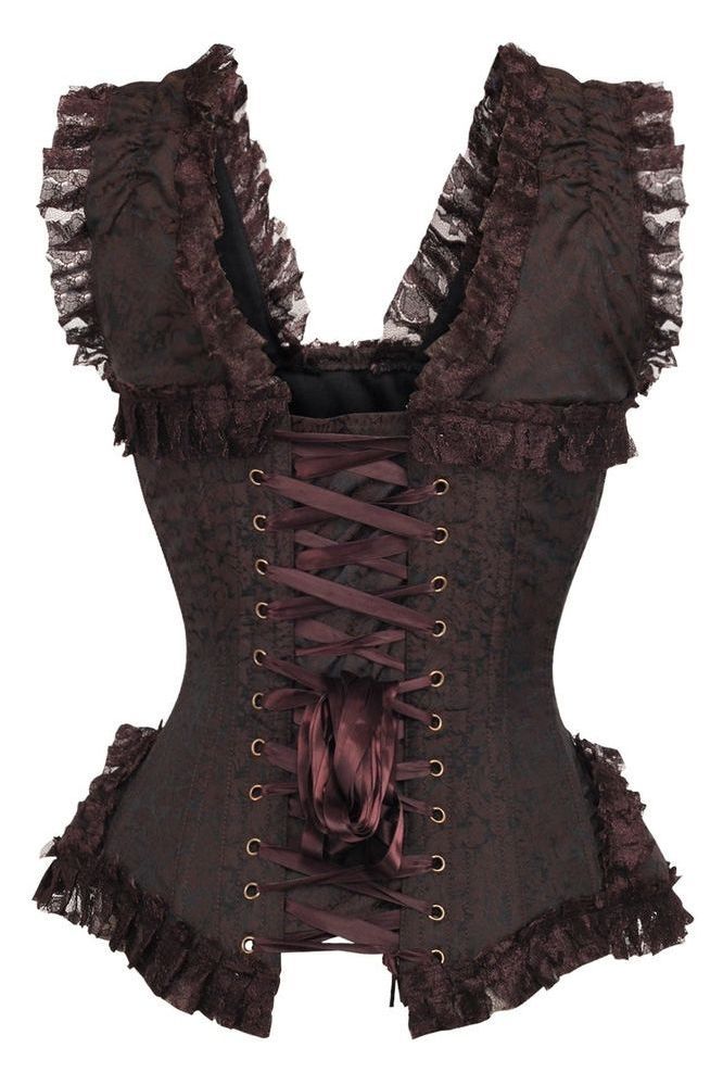 Top Drawer Brown Swirl Brocade & Lace Steel Boned Corset w/Cap Sleeves - Daisy Corsets