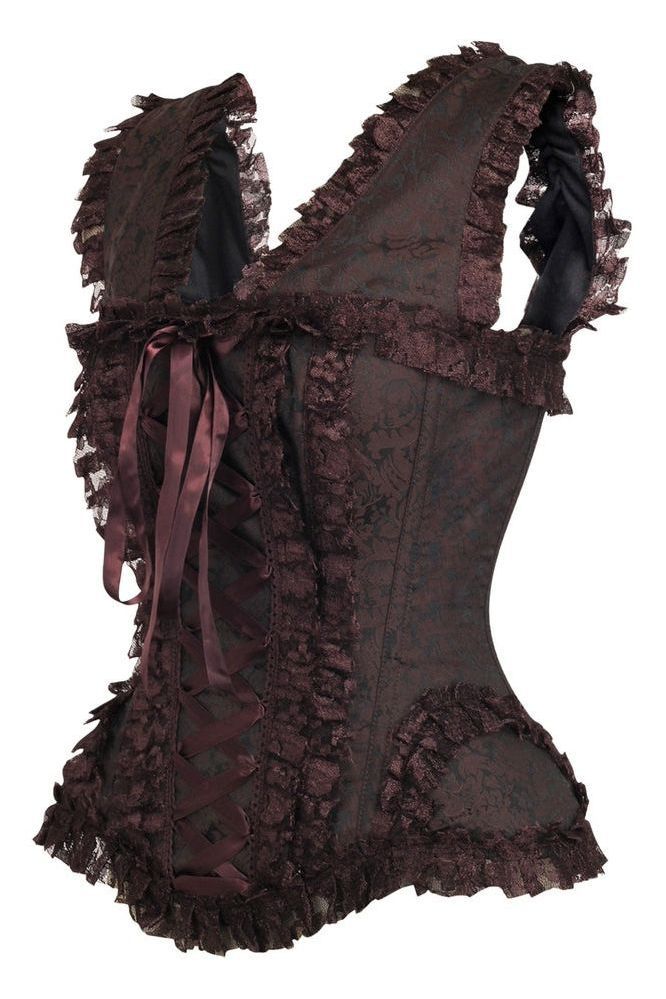 Top Drawer Brown Swirl Brocade & Lace Steel Boned Corset w/Cap Sleeves - Daisy Corsets