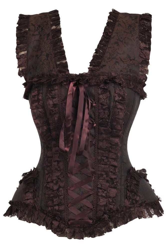 Top Drawer Brown Swirl Brocade & Lace Steel Boned Corset w/Cap Sleeves - Daisy Corsets