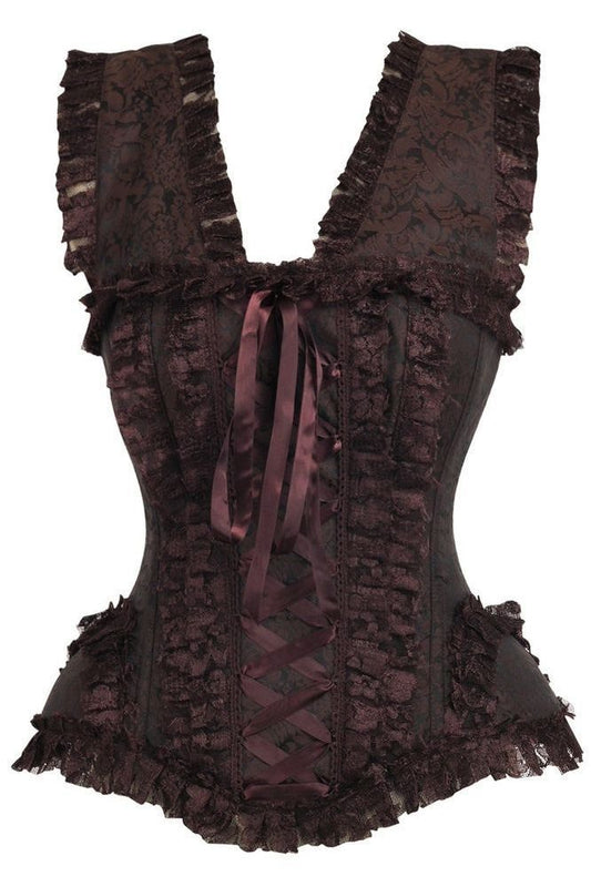Top Drawer Brown Swirl Brocade & Lace Steel Boned Corset w/Cap Sleeves - Daisy Corsets