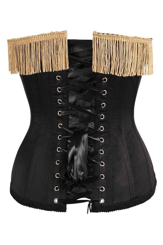 Top Drawer Burlesque Black/Dark Red Steel Boned Corset w/Gold Fringe - Daisy Corsets