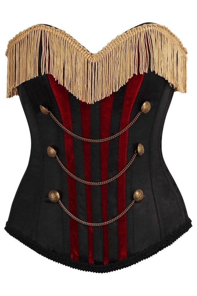 Top Drawer Burlesque Black/Dark Red Steel Boned Corset w/Gold Fringe - Daisy Corsets