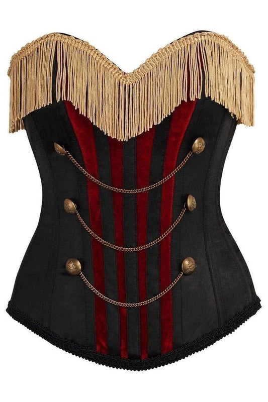 Top Drawer Burlesque Black/Dark Red Steel Boned Corset w/Gold Fringe - Daisy Corsets